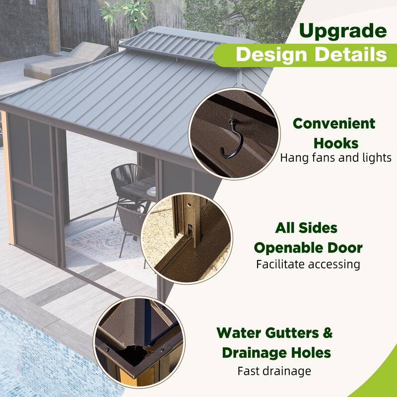 Outdoor Solarium Sunroom,Patio Hardtop Gazebo,All-Season Aluminum Patio Gazebo with with Sliding Doors and Screens