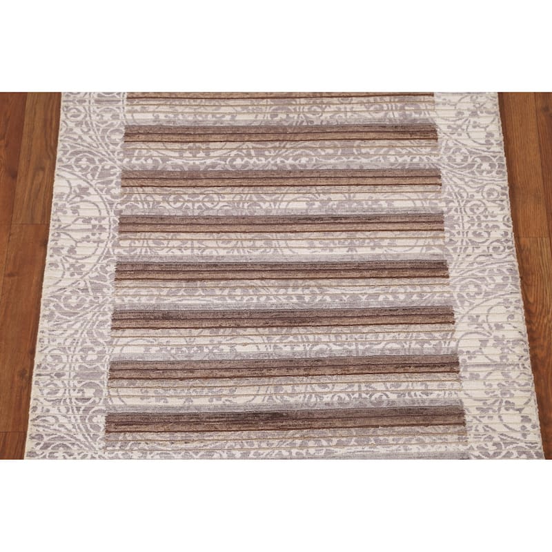 Beige Striped Abstract Accent Rug Handmade Oriental Wool Carpet - 2'9"x 5'0"