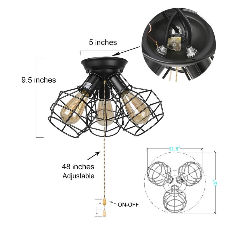 Industrial 3-light Black Cage Semi-flush Mount Lights