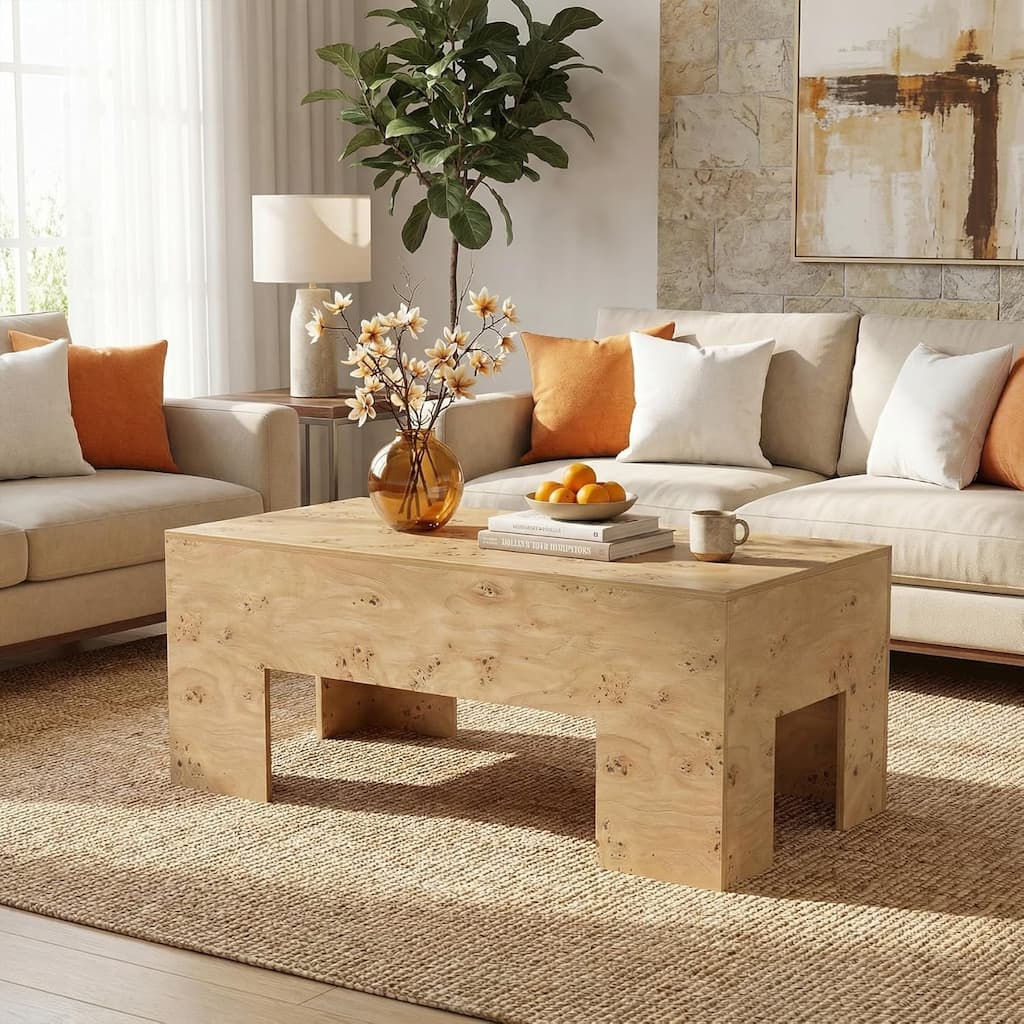 Coffee Tables for Living Room, 47" Modern Center Table with Burl Wood Veneer, Natural - 47.24" L x 23.62" W x 19.69" H