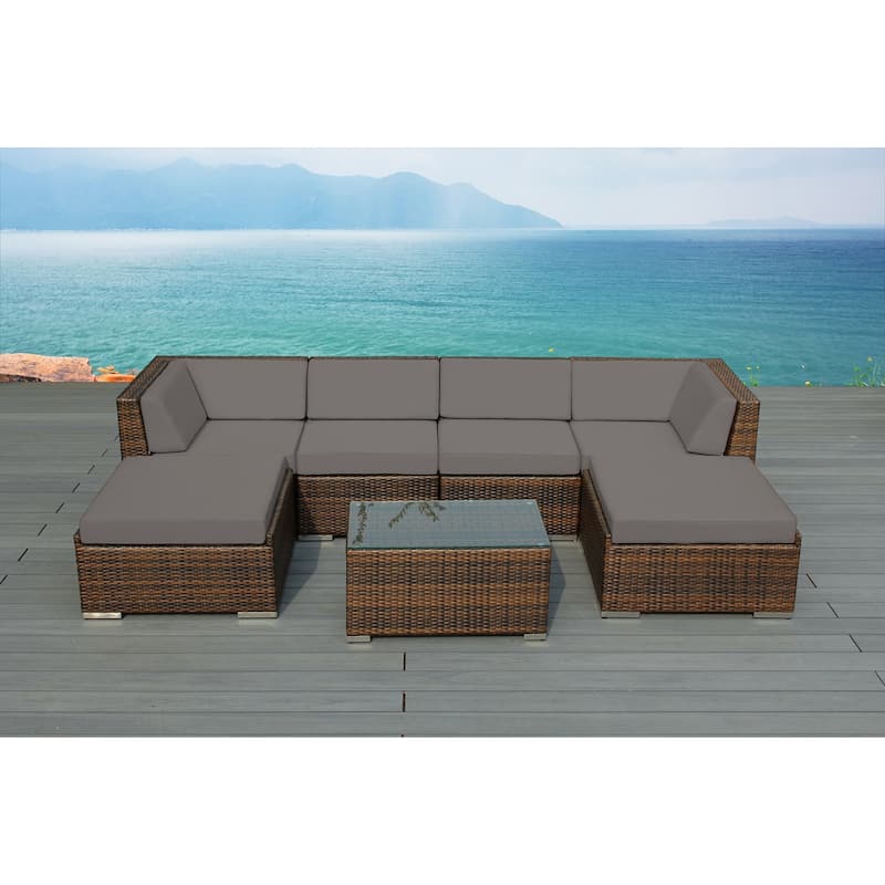 Ohana Outdoor Patio 7-piece Mixed Brown Wicker Conversation Set - No Assembly - Sunbrella Taupe