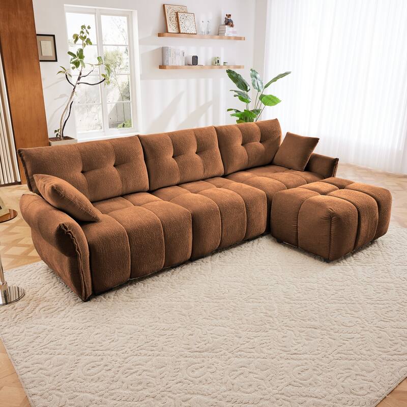 3-Seater L-Shaped Modular Sofa with 1 Ottomans & Pillows - Burnt Orange