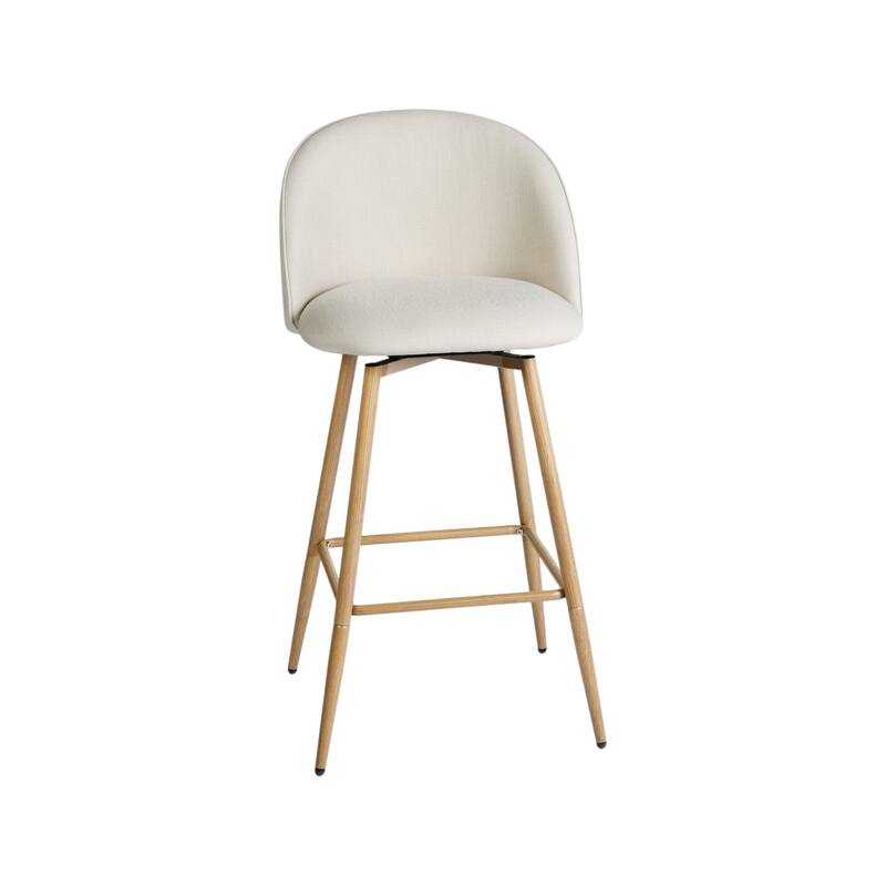 HomeRoots Set of Two 27" Beige and Oak Fabric and Metal Counter Height Swivel Bar Chairs