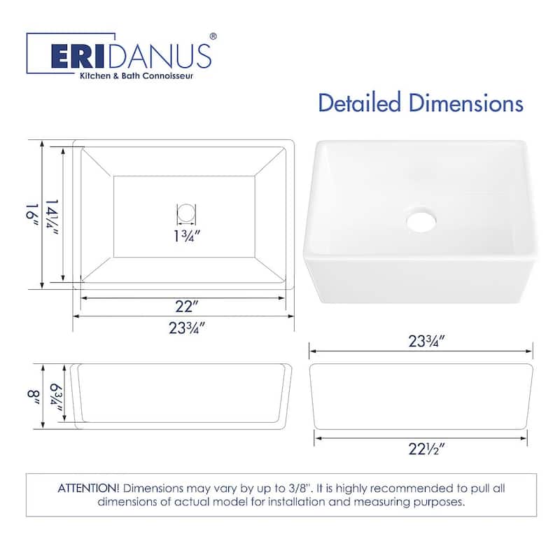Eridanus Denbigh Farmhouse Apron 24" x 16" Crisp White Kitchen Sink