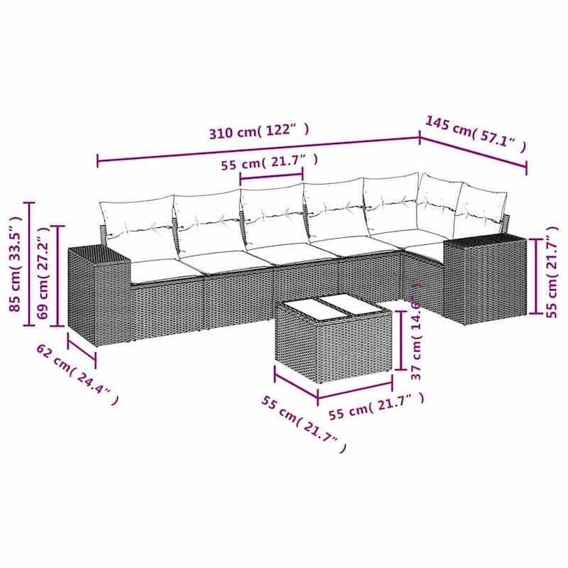 vidaXL Patio Sofa Set with Cushions Outdoor Conversation Furniture Poly Rattan - 24.4 x 24.4 x 27.2