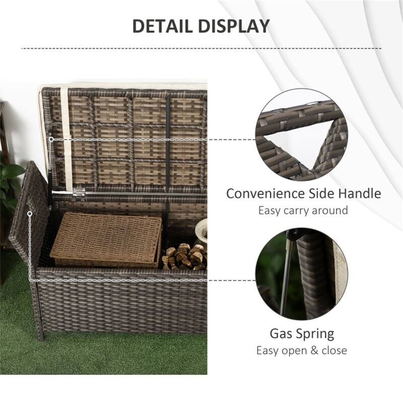 Brown Rattan Outdoor Storage Bench with Cushion and Steel Frame for Poolside or Garden Seating - 43.25" W x 17.75" D x 20.25" H