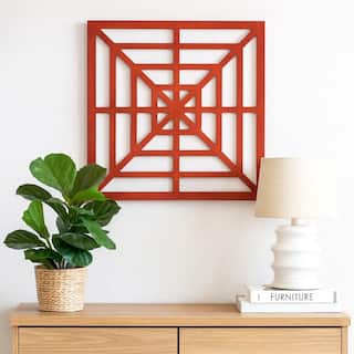 Wooden Wall Decor Set of 2 with Concentric Square Design on Top, Red and Silver