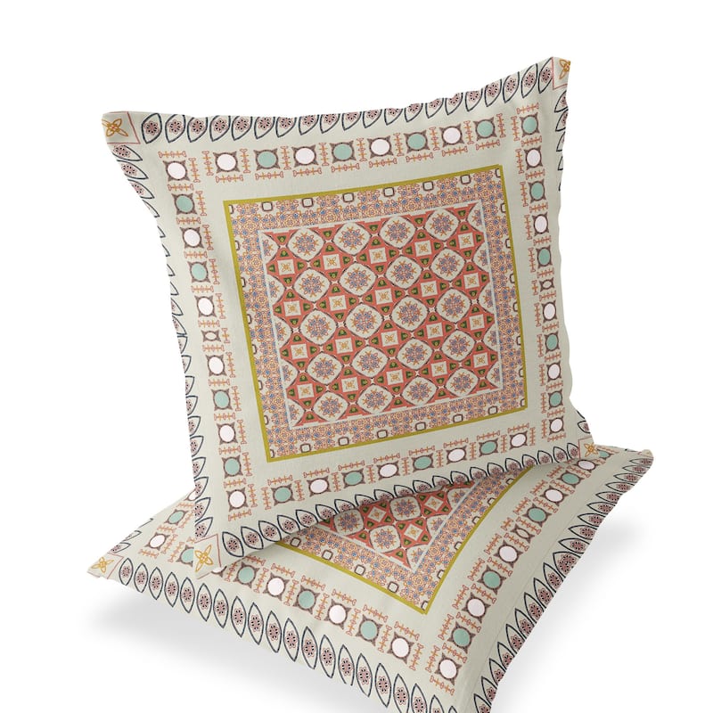 HomeRoots Set of Two 16" X 16" Orange and White Blown Seam Floral Indoor Outdoor Throw Pillow - 16.00' X '16.00' X '5.00
