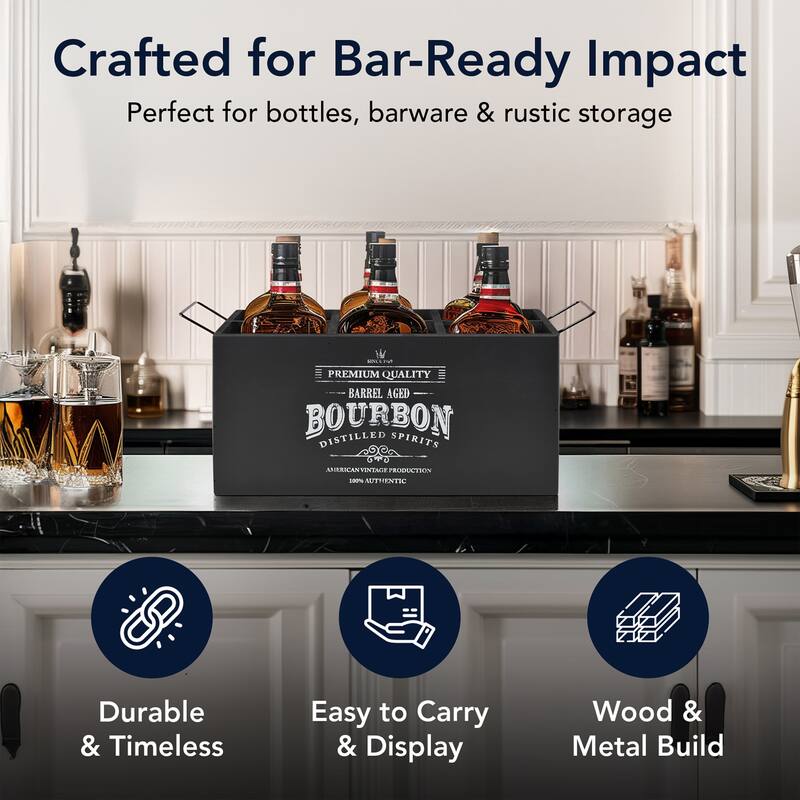 American Art Decor The Bourbon Bar Wood Crate Bottle Holder with Metal Handles - 7" H x 14" L x 8" D