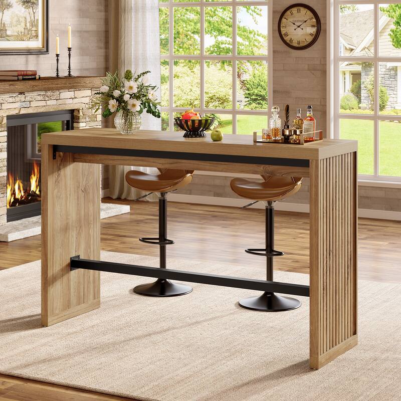 55 Inch Bar Table, Wooden Counter Height Table with Metal Footrest - 55.11" W x 15.59" D x 37.40" H