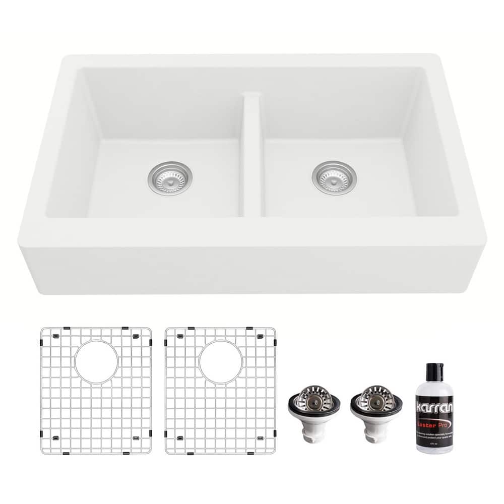 Karran Retrofit Farmhouse Quartz 34 in. Double Bowl 50/50 Sink Kit