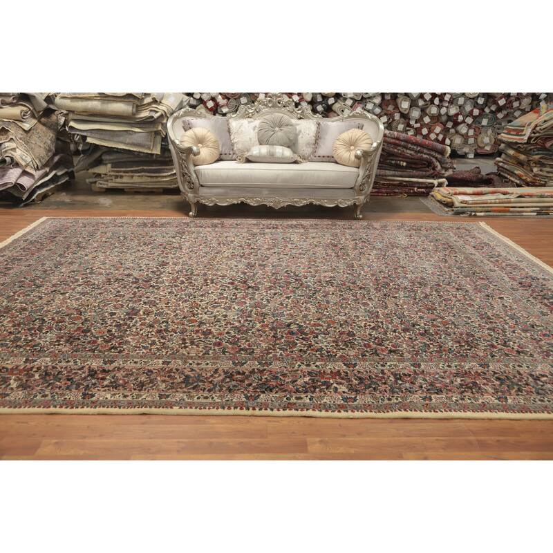 Hand Knotted Oriental 100% Wool Carpet Traditional All-Over Beige & Ivories Kerman Area Rug - 14' 0'' X 9' 11''