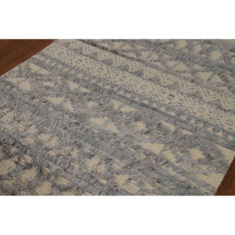 Beige & Gray Moroccan Shaggy Oriental Area Rug Handmade Wool Carpet - 4'11" x 7'8"
