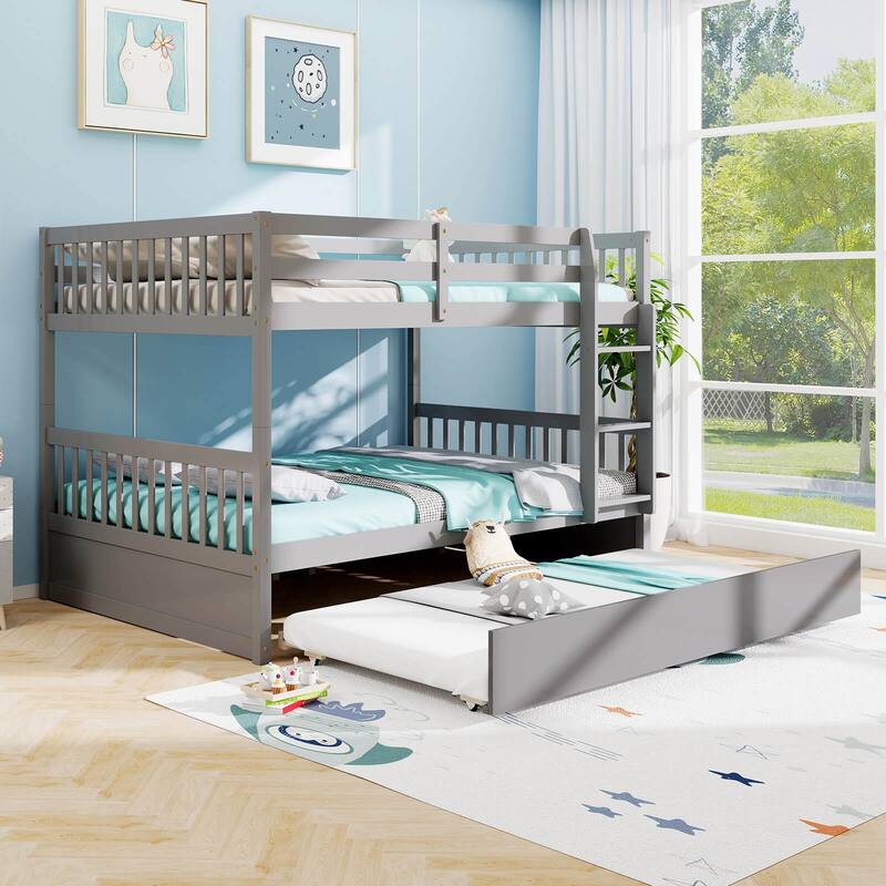 Costway Full over Full Bunk Bed Platform Wood Bed with Trundle &