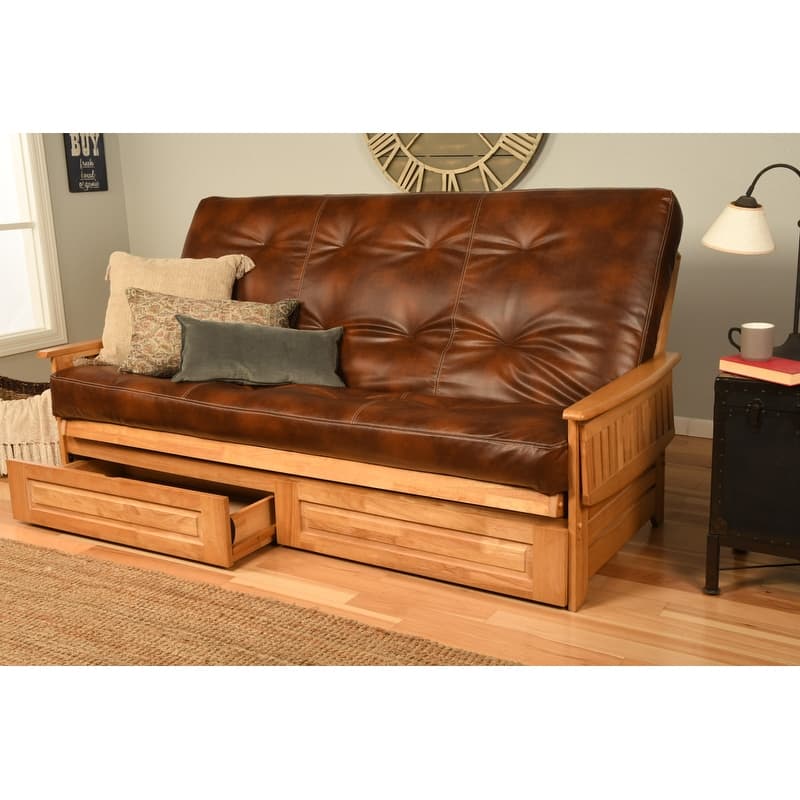 Somette Phoenix Queen-size Storage Futon Set in Butternut Finish with Faux Leather Mattress