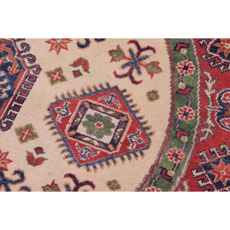 Southwestern Kazak Jakobe Natural/Red Wool Round - 4'9'' x 4'11''