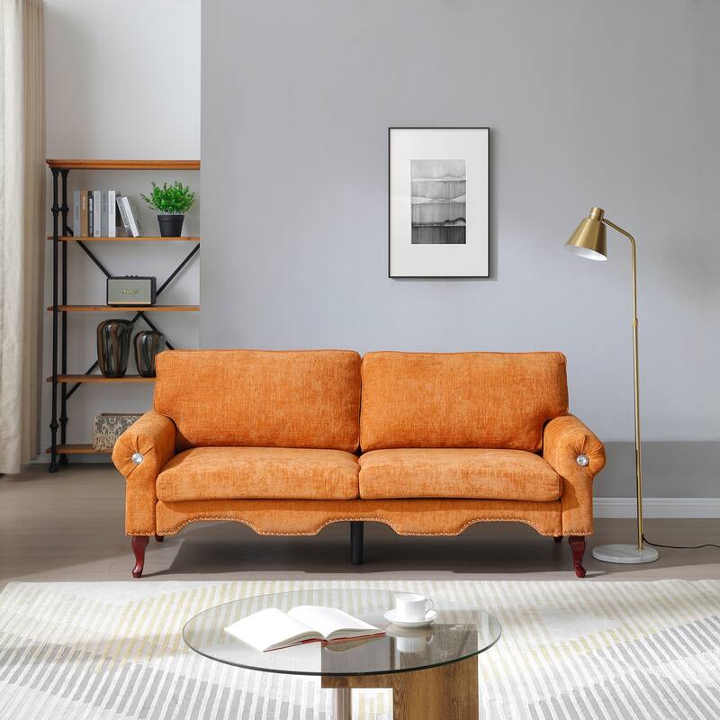 80-Inch Modern Linen 3 seat Sofa with Wooden Legs & Crystal button and Copper Nail, Tufted Backrest, for Living Room - Orange
