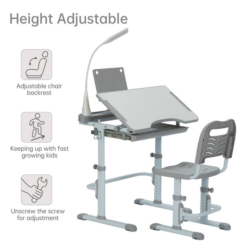 Ukuowu Height Adjustable Child's School Study Kids Desk and Chair Set with Tilt Desktop, LED Light, Storage Drawer, Book Stand