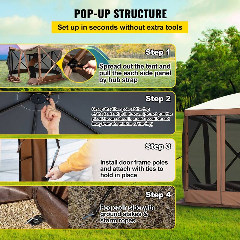 6 Sided Pop-Up Camping Gazebo Screen Tent with Mesh Windows and Portable Carry Bag