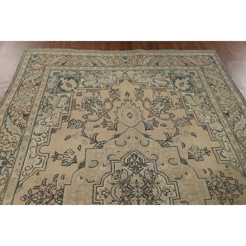 Peach Tabriz Vintage Persian Area Rug Hand-Knotted Wool Carpet - 6'8" x 9'8"