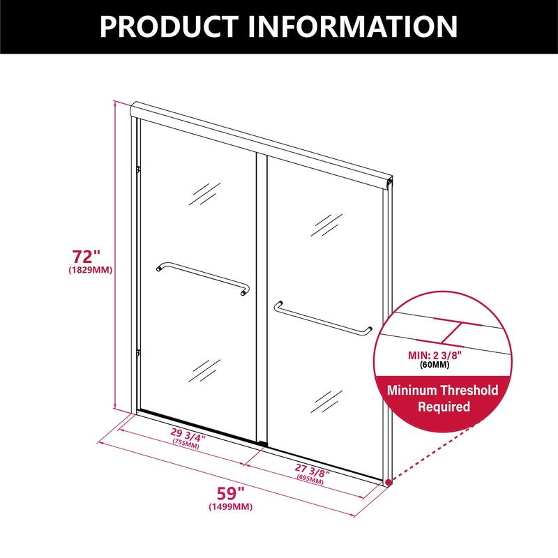 i-Homare 59'' W X 72'' H Semi-Frameless Double Sliding Shower Door with 2 Towel Bars