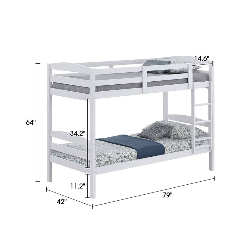 Modern White Solid Wood Twin Over Twin Bunk Bed with Ladder