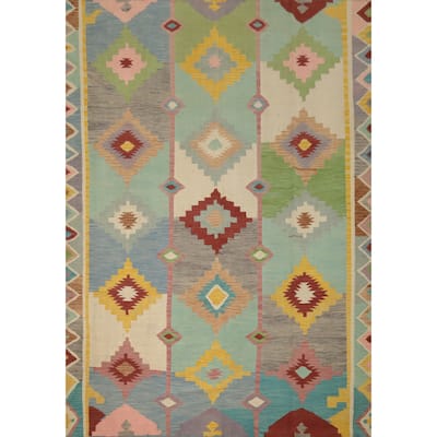 Hand Woven Oriental 100% Wool Carpet Southwestern Tribal Multi-Colored Kilim Area Rug - 9' 6'' X 7' 8''