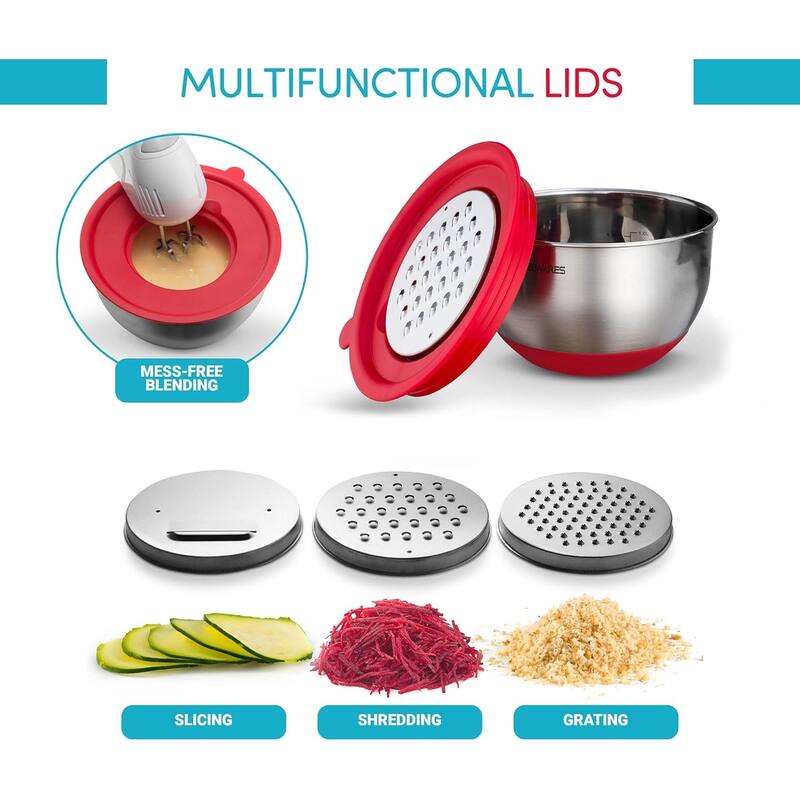 Belwares 5-Piece Stainless Steel Mixing Bowls with Airtight Lids and Graters - Non-Slip Nesting Bowls Set