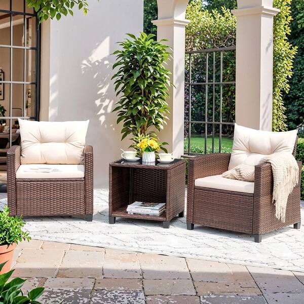 Homall 3 PCS Patio Furniture Set Outdoor Rattan Chair with Cushion and Coffee Table Bistro Set for Yard