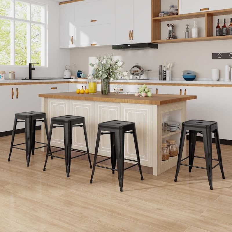 4-Piece 24" Space Saving Stackable Metal Bar Stools with Footrest for Kitchen or Patio - 16" x 16" x 24"
