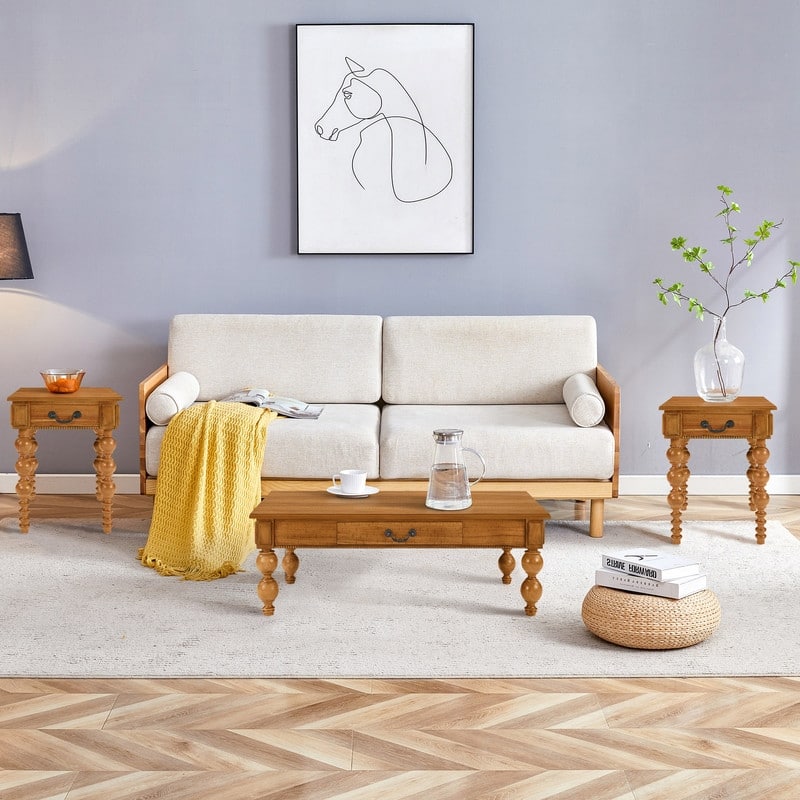 Retro 3-Piece Solid Wood Coffee Table Set with Storage Drawer, Vintage Design for Living Room and Office Decor