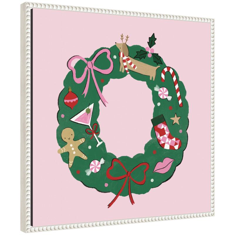 Kate and Laurel Sylvie Beaded Festive Wreath Framed Canvas by Aislinn Simmonds Duchess Plum - White
