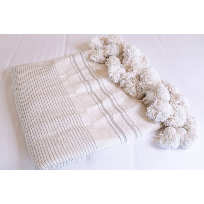 Handwoven Moroccan Blanket with Pom Pom in Cream and Grey