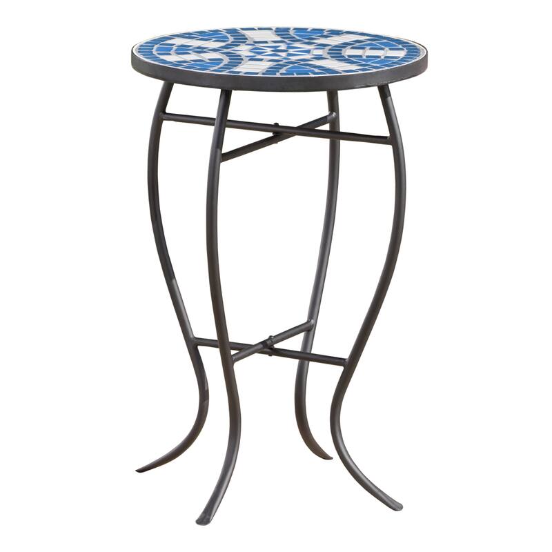 Roomfitters End Table, Round Outdoor Side Table with Blue Mosaic Top and Curved Metal Legs for Patio or Garden, White+Blue