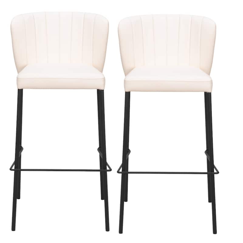 Set of Two 29" Cream And Black Faux Leather And Steel Bar Height Bar Chairs