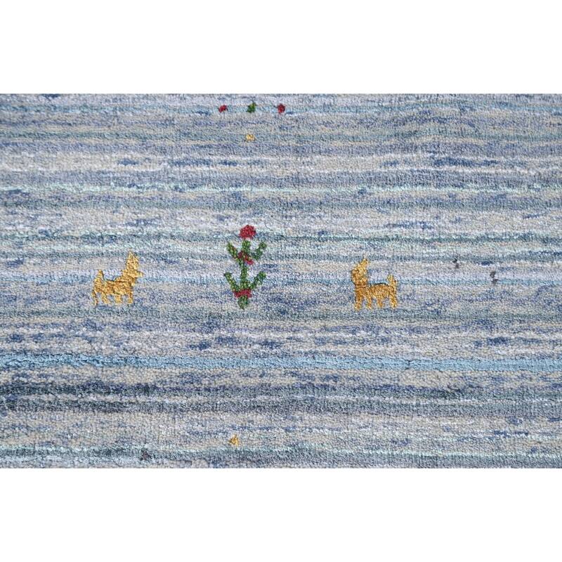 Striped Blue Gabbeh Oriental Area Rug Handmade Wool Carpet - 7'9"x 9'7"
