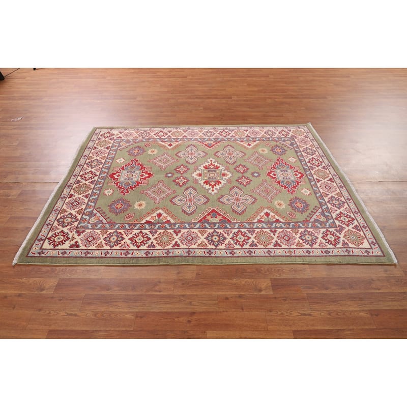 Green Kazak Area Rug Handmade Oriental Wool Carpet - 4'10" x 6'3"
