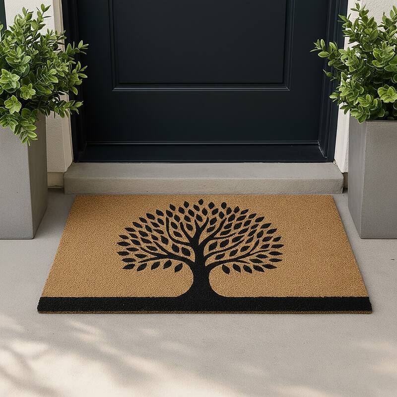 Tree of Life Coir Doormat 30x18 Inches - Natural/Black
