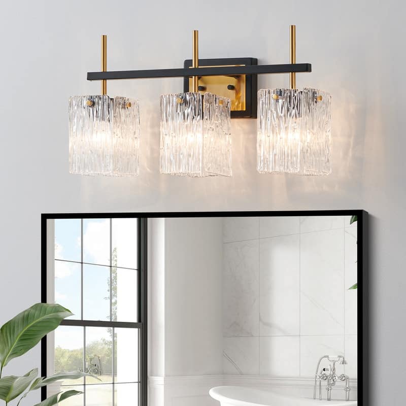 KAWOTI 22" Black &Gold Vanity Light with Textured Glass Shade - W22" x D6.5" x H11.13" - W22" x D6.5" x H11.13"
