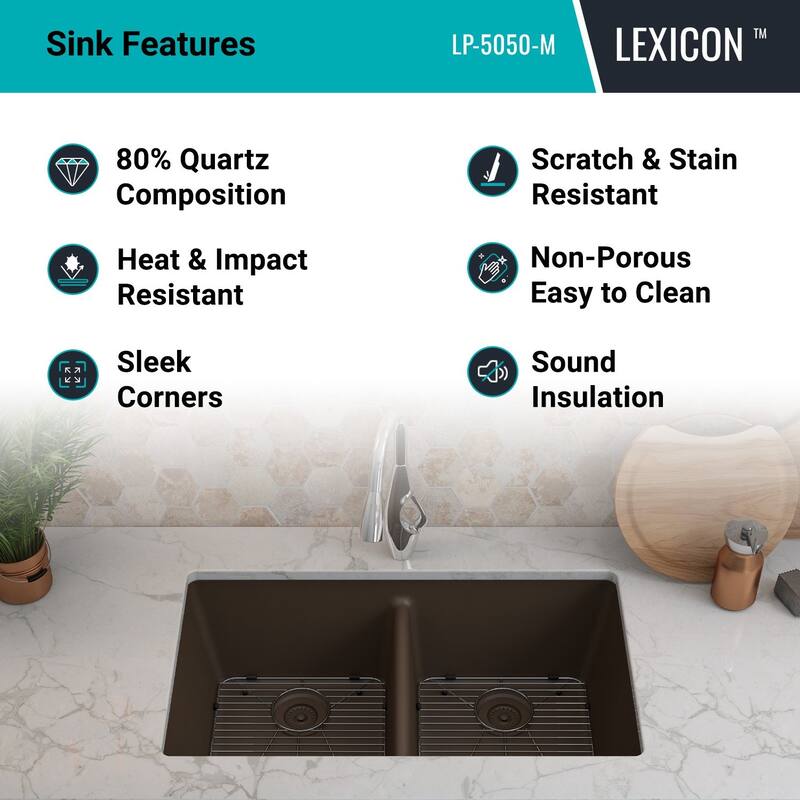 Lexicon Platinum 32" Quartz 50/50 Double Bowl Sink with Grids & Drain