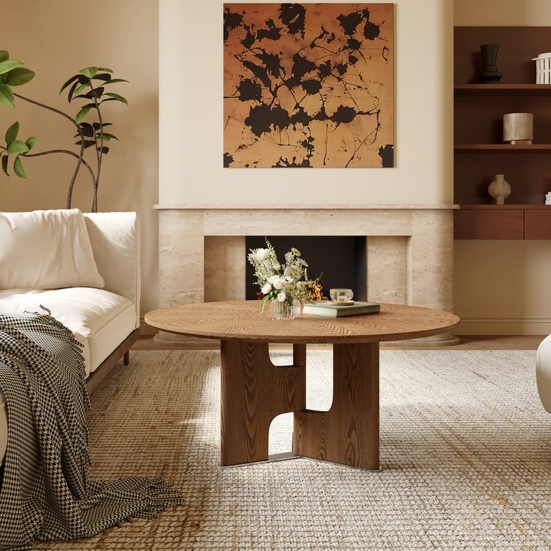 31.5 Inches Round Rustic Ash Wood Veneer Coffee Table for Small Living Room