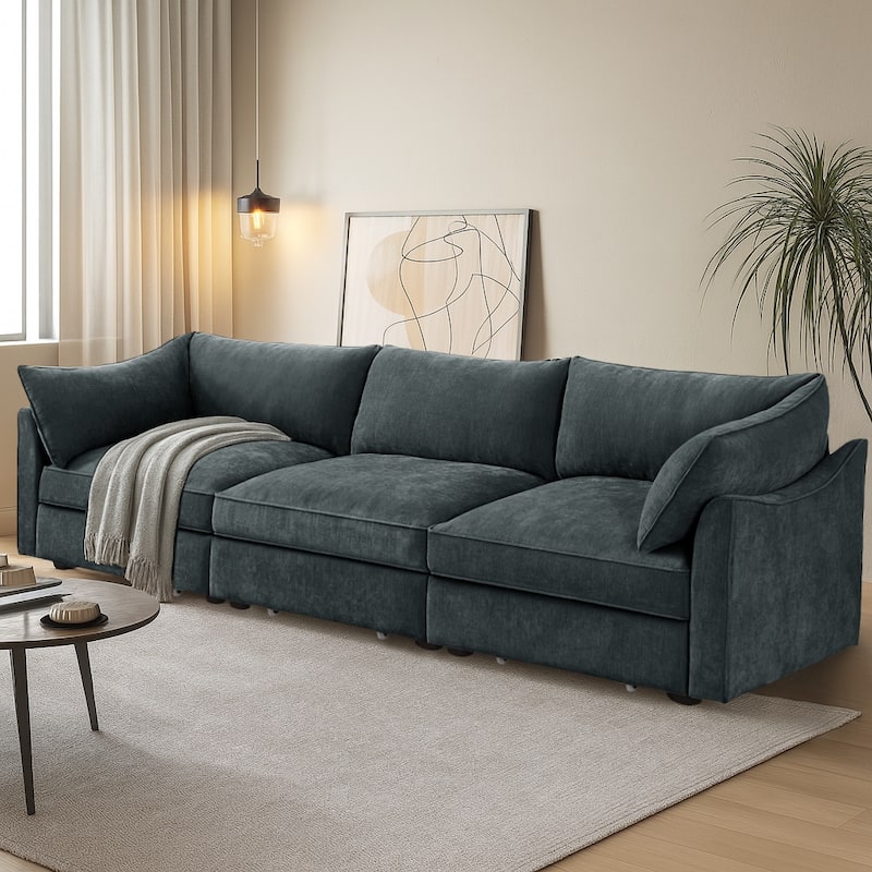 Chenille Fabric Upholstered Three-Seater Sofa with Three Under-Seat Drawers - Gray