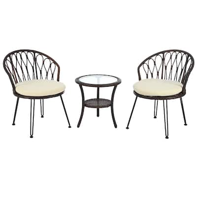 Roomfitters Outdoor Leisure Set, 2 Rattan Single Chairs with Glass Round Table for Patios, Balconies, Courtyards