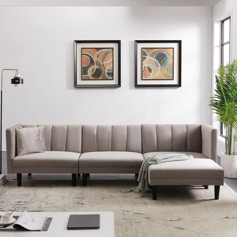 Reversible Sectional Sofa Sleeper L-shape Sofa Velvet Padded Sofa & Chaise - Light Grey