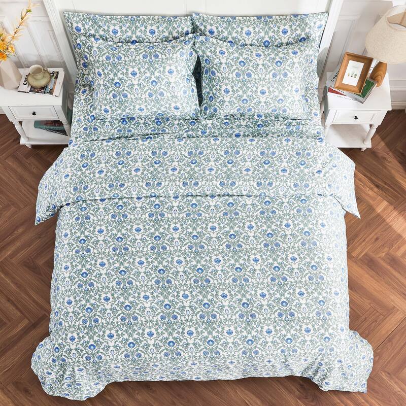 Printed Design Cotton Collection Blue Floral Crafted Duvet Set - King - Cal King - Blue - 3 Piece