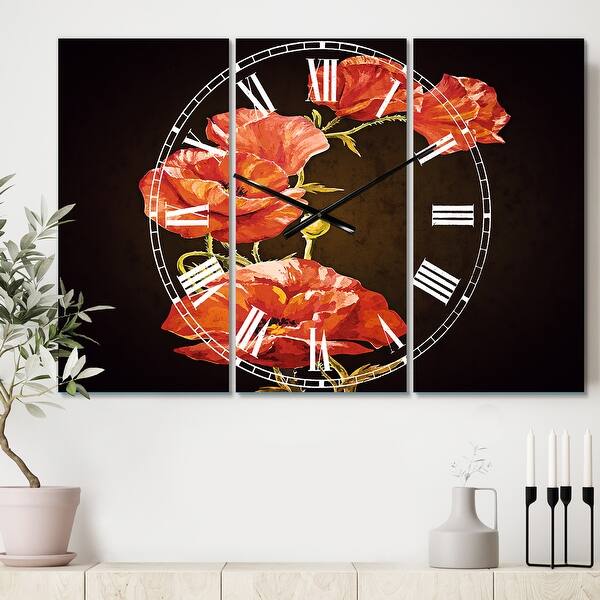 slide 2 of 6, Designart 'Bright Poppies Flower' Cottage 3 Panels Oversized Wall CLock - 36 in. wide x 28 in. high - 3 panels
