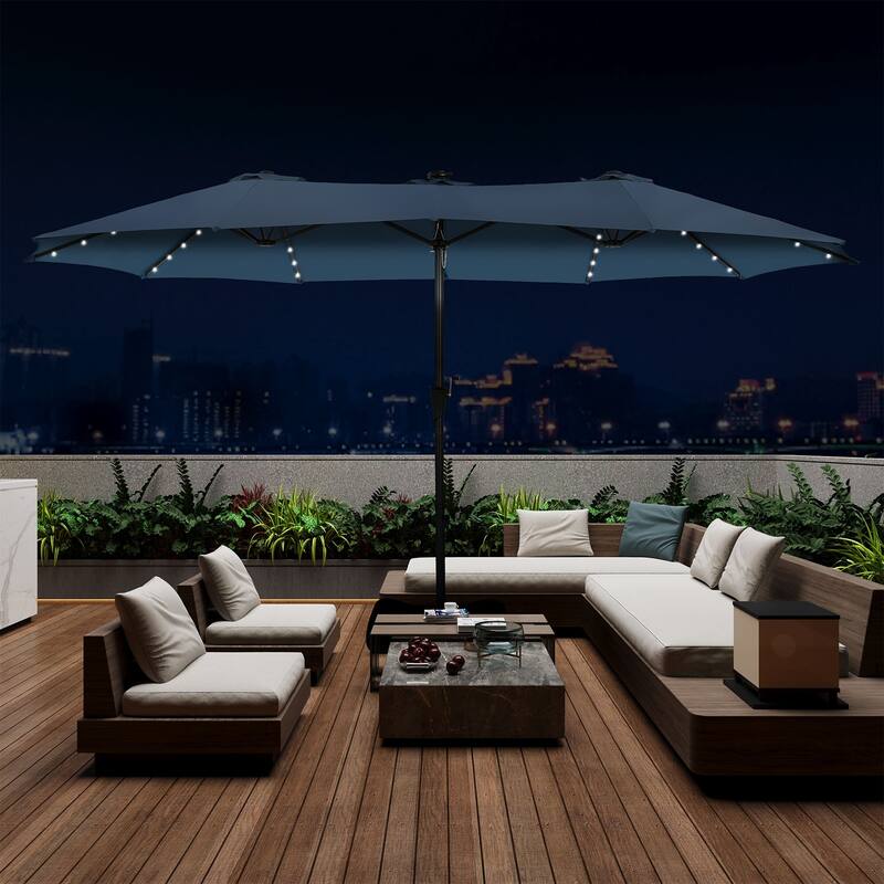 Autlaycil 15ft Retangle Patio Umbrella with Solar Lights & Base - Navy Blue