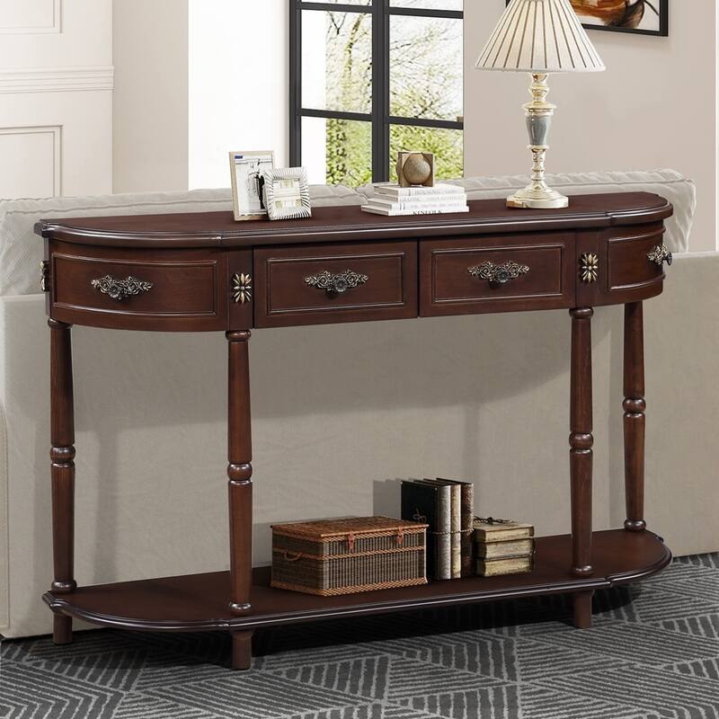 Living Room Hallway Retro Curved Wood Console Table Sofa Table with Shelf and 2 Drawers