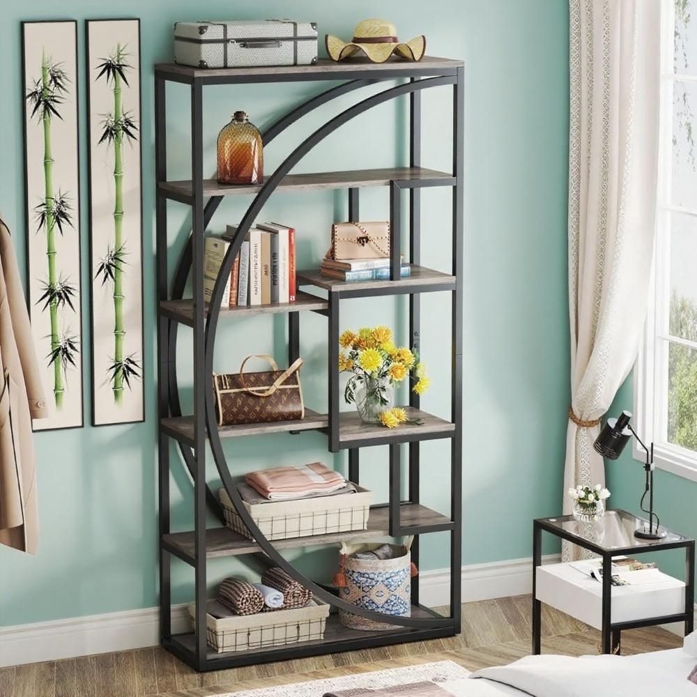 High Bookshelf With 8 open shelves, wooden arched bookshelf, display rack, suitable for living rooms, storage cabinets