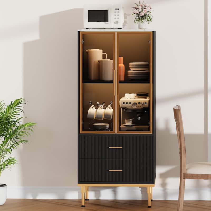 Pantry Cabinet, Freestanding Kitchen Storage Cabinet with Glass Door and 2 Drawers, Modern Kitchen Cupboard with 2
